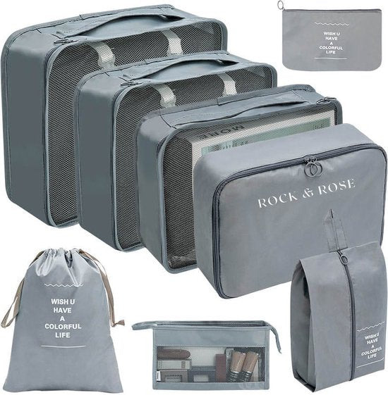 Rock&Rose Packing Cubes Compression - 8 Delig - Bagage Organizers - Packing Cubes Backpack - Grijs